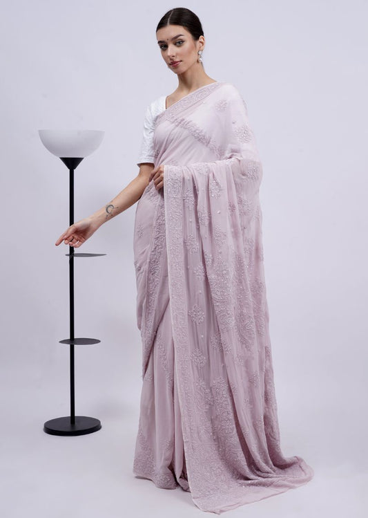 Firgun Rosy Brown Lucknowi Chikankari Viscose Georgette Saree with Unstitched Blouse Piece