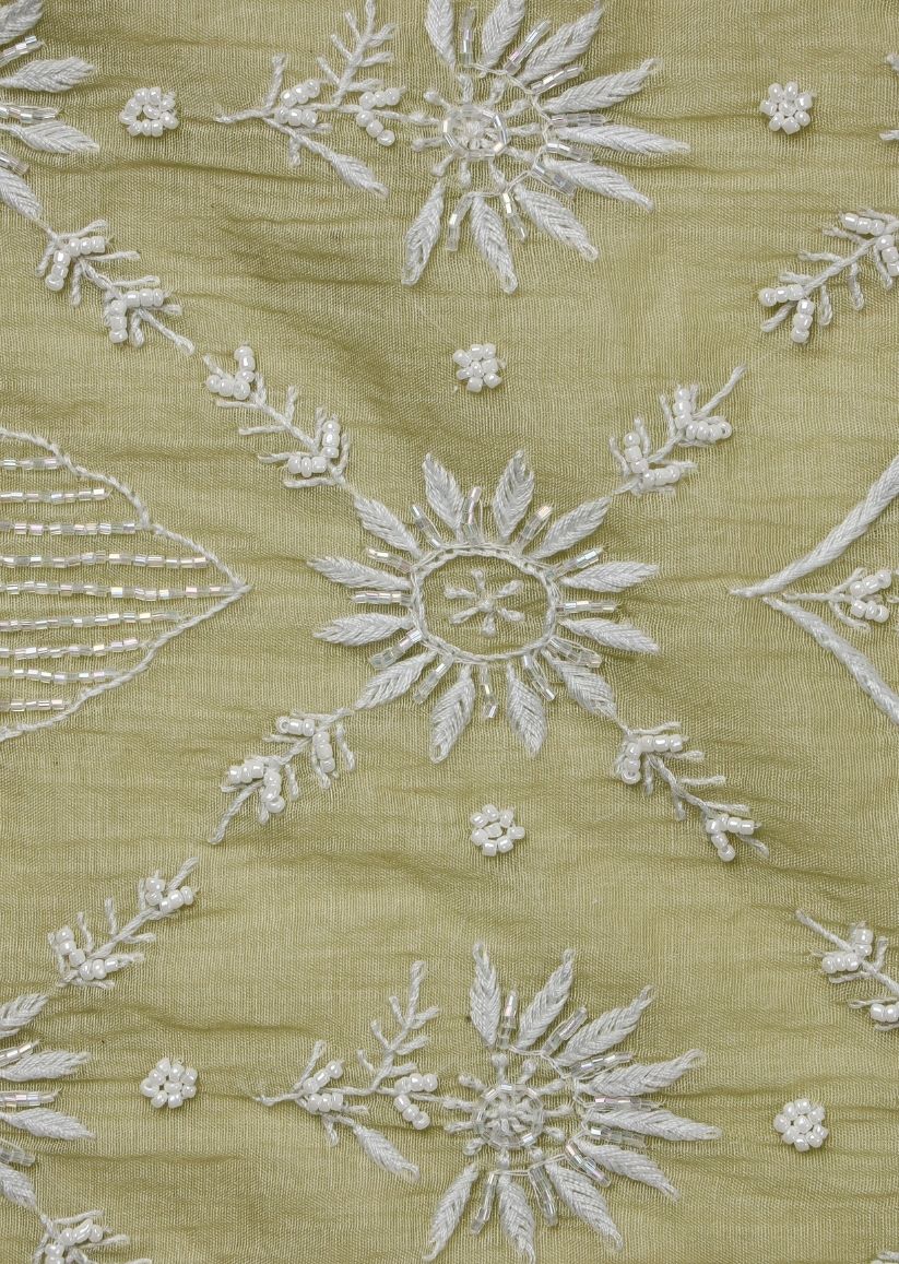 Firgun Mehendi Green Lucknowi Chikankari Mul Chanderi Unstitched Kurta & Dupatta Set