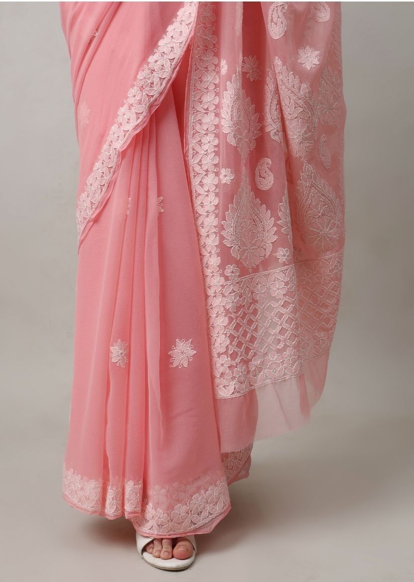 Firgun Peach Lucknowi Chikankari Georgette Saree with Unstitched Blouse Piece