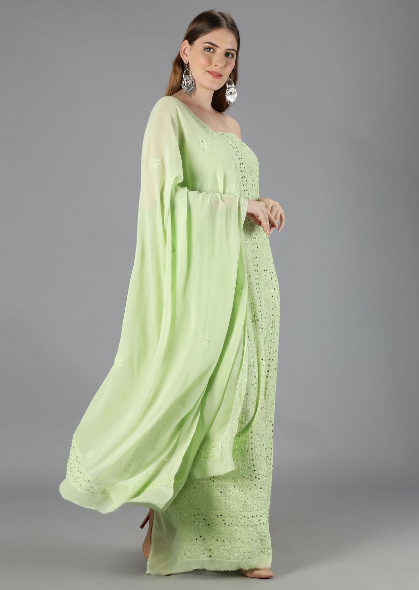 Firgun Pista Green Lucknowi Chikankari Viscose Georgette Unstitched Kurta & Dupatta Set