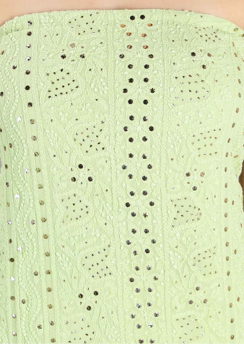 Firgun Pista Green Lucknowi Chikankari Viscose Georgette Unstitched Kurta & Dupatta Set