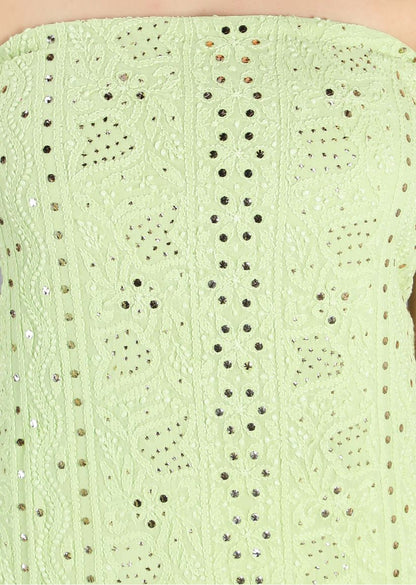 Firgun Pista Green Lucknowi Chikankari Viscose Georgette Unstitched Kurta & Dupatta Set