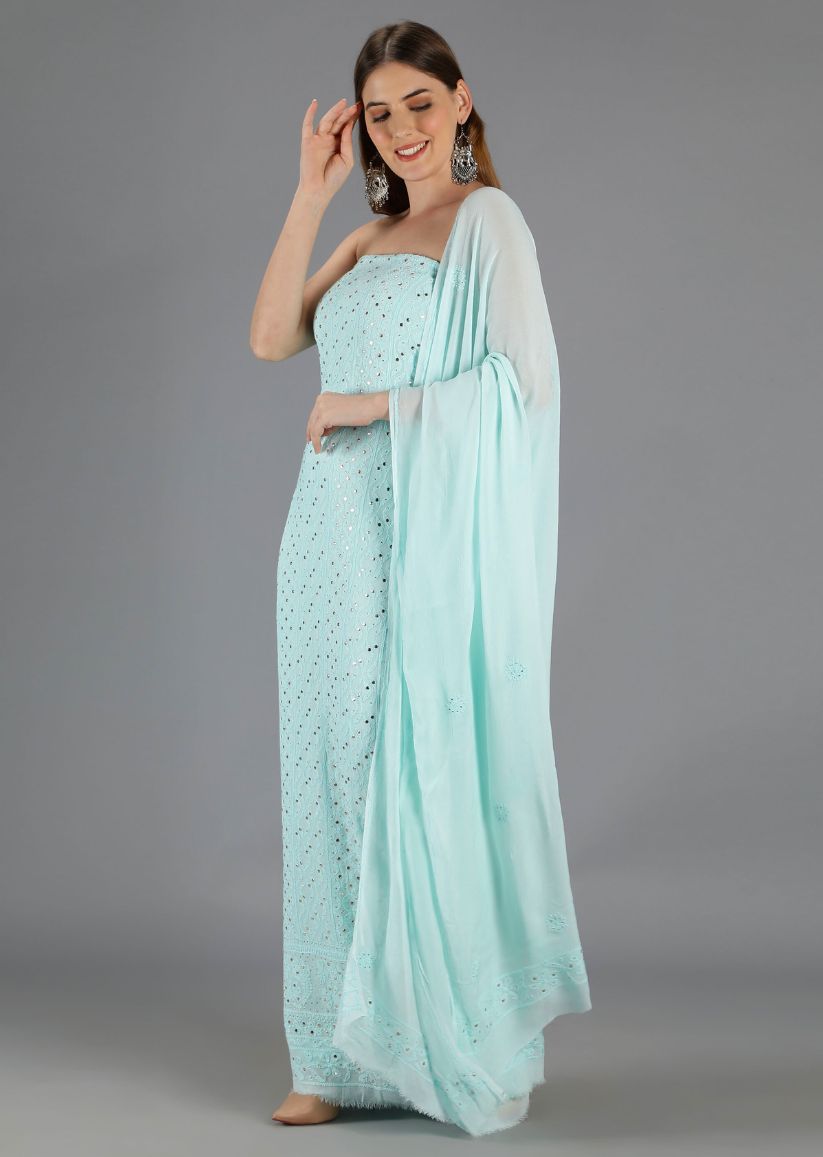 Firgun Sky Blue Lucknowi Chikankari Viscose Georgette Unstitched Kurta & Dupatta Set