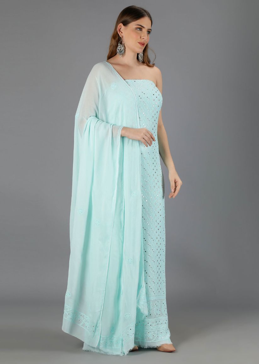 Firgun Sky Blue Lucknowi Chikankari Viscose Georgette Unstitched Kurta & Dupatta Set