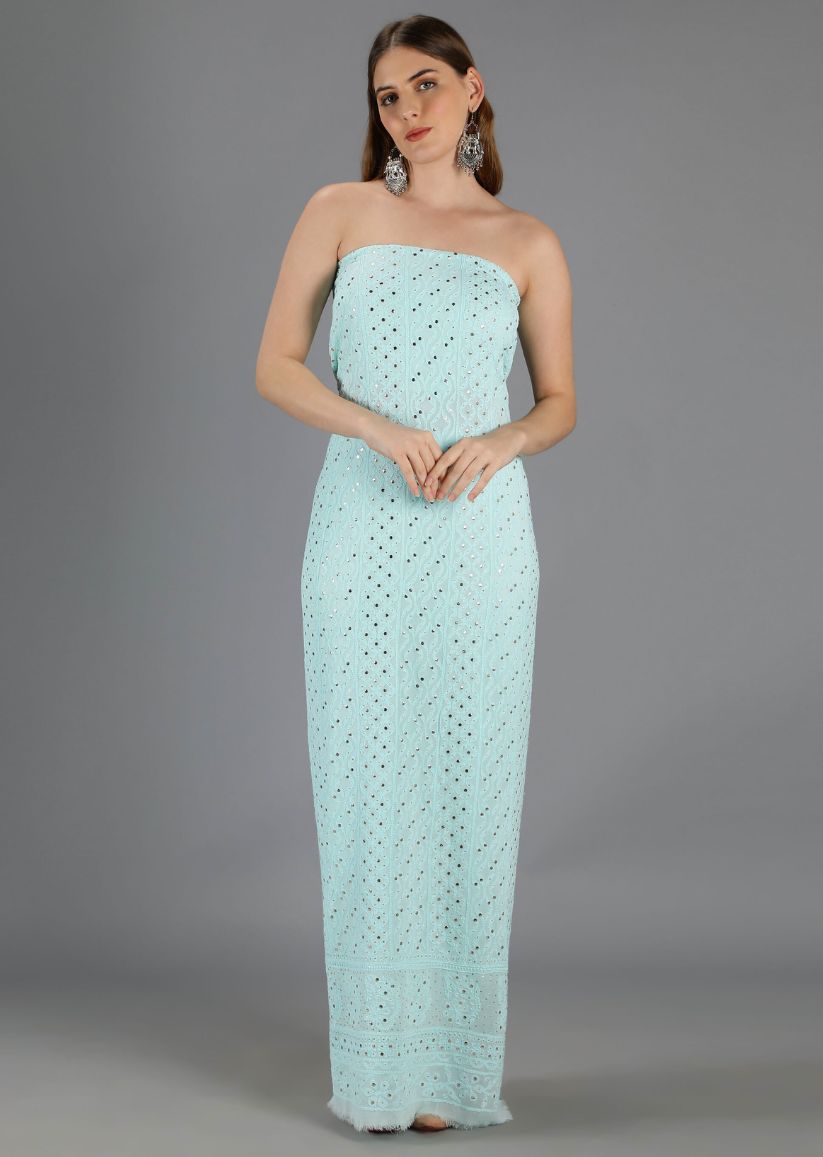 Firgun Sky Blue Lucknowi Chikankari Viscose Georgette Unstitched Kurta & Dupatta Set