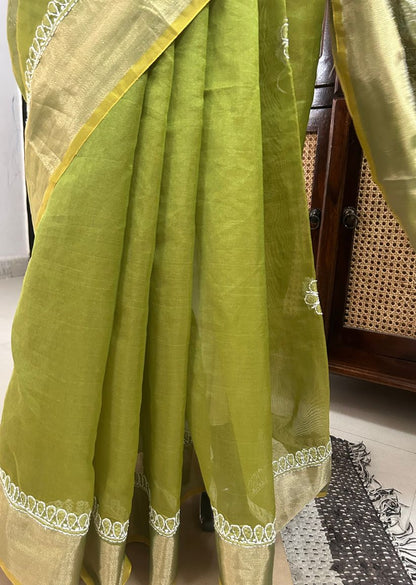 Firgun Olive Lucknowi Chikankari Chanderi Saree with Unstitched Blouse Piece