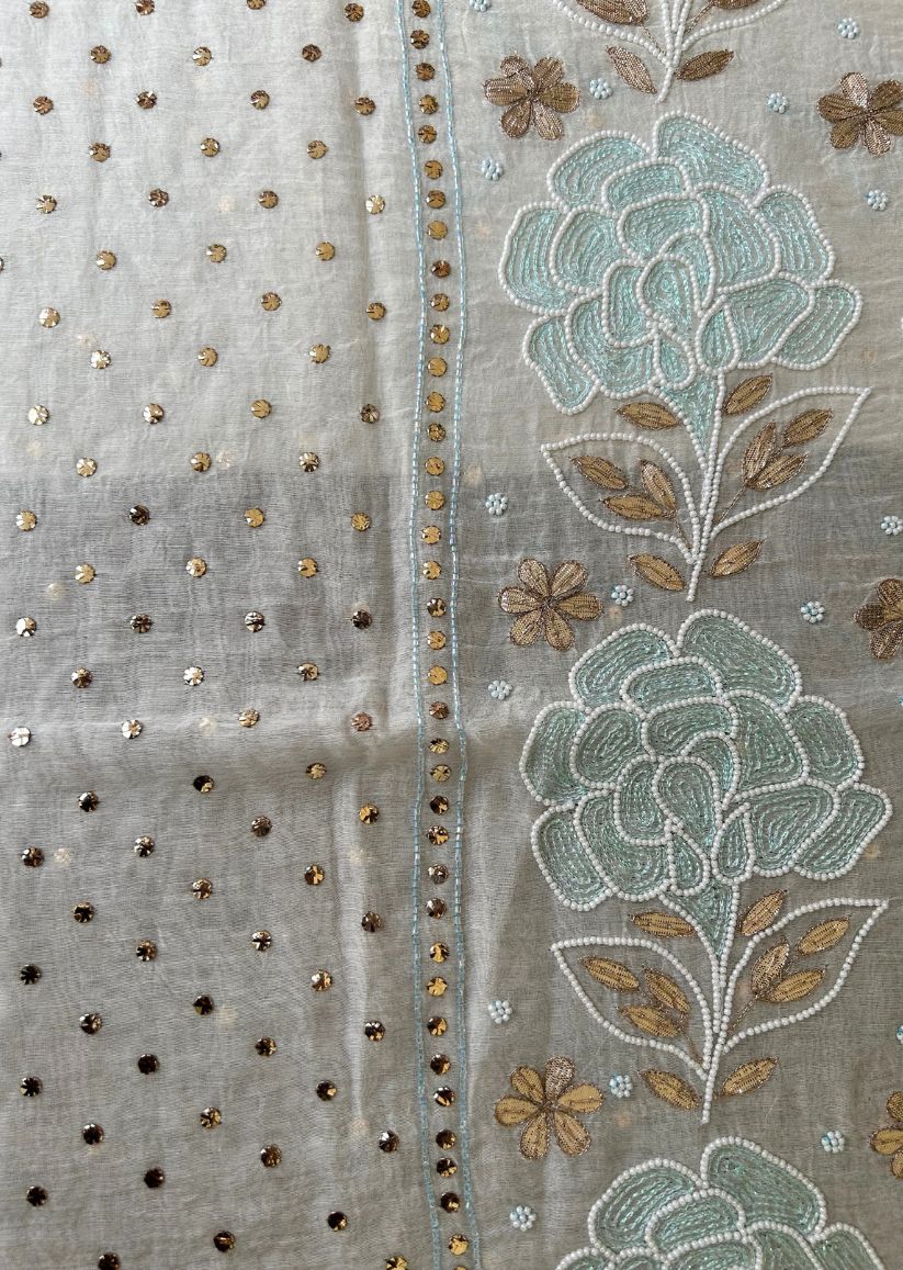 Firgun White Mul Chanderi Unstitched Kurta & Dupatta Set