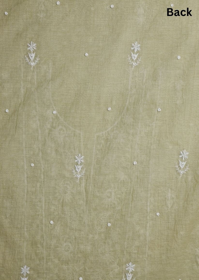 Firgun Mehendi Green Lucknowi Chikankari Mul Chanderi Unstitched Kurta & Dupatta Set
