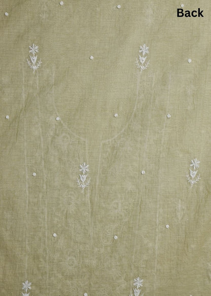 Firgun Mehendi Green Lucknowi Chikankari Mul Chanderi Unstitched Kurta & Dupatta Set