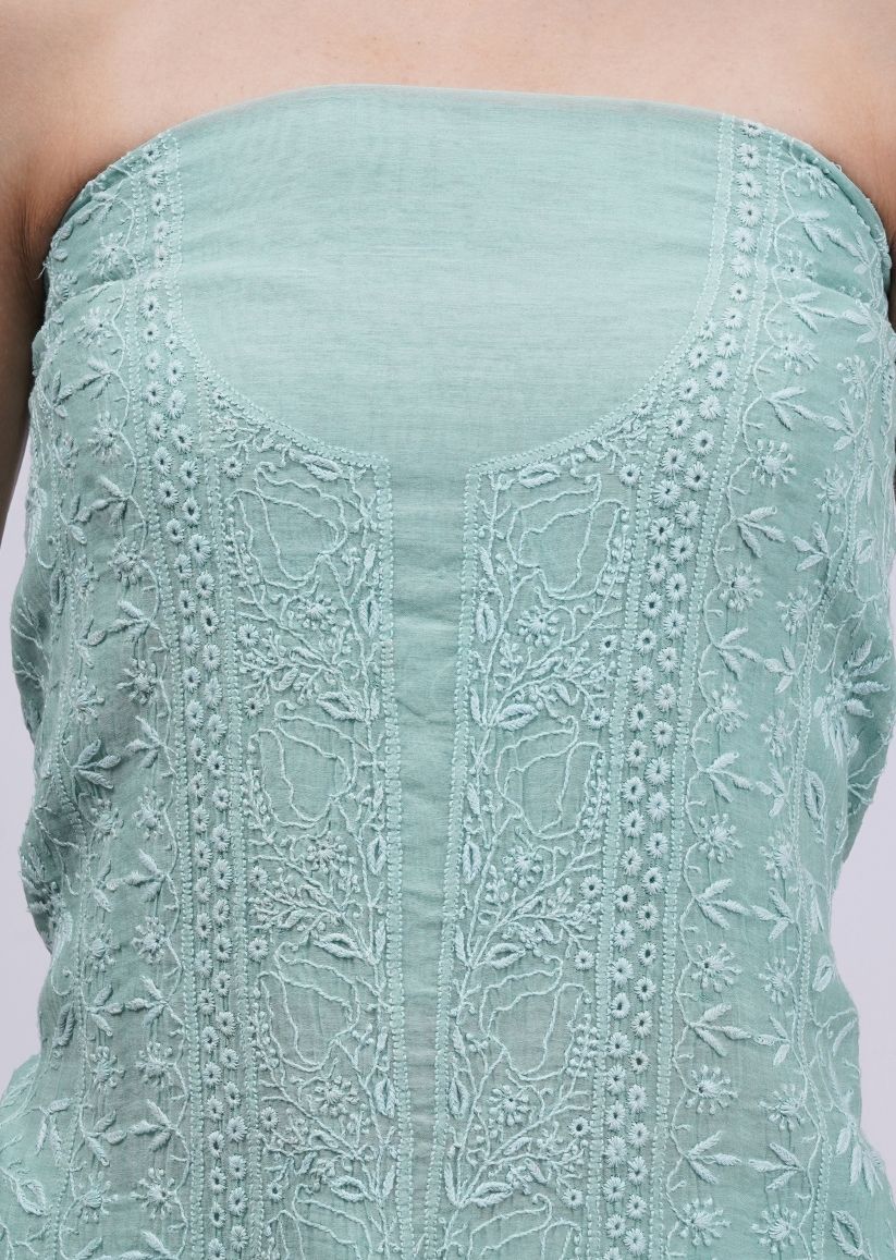 Firgun Pine Green Lucknowi Chikankari Mul Chanderi Unstitched Kurta & Dupatta Set