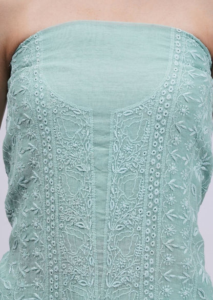 Firgun Pine Green Lucknowi Chikankari Mul Chanderi Unstitched Kurta & Dupatta Set