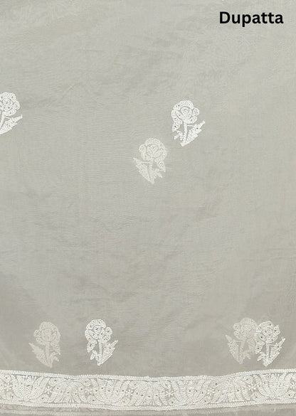 Firgun Beige Lucknowi Chikankari and Mukaish Work Organza Unstitched Kurta & Dupatta Set