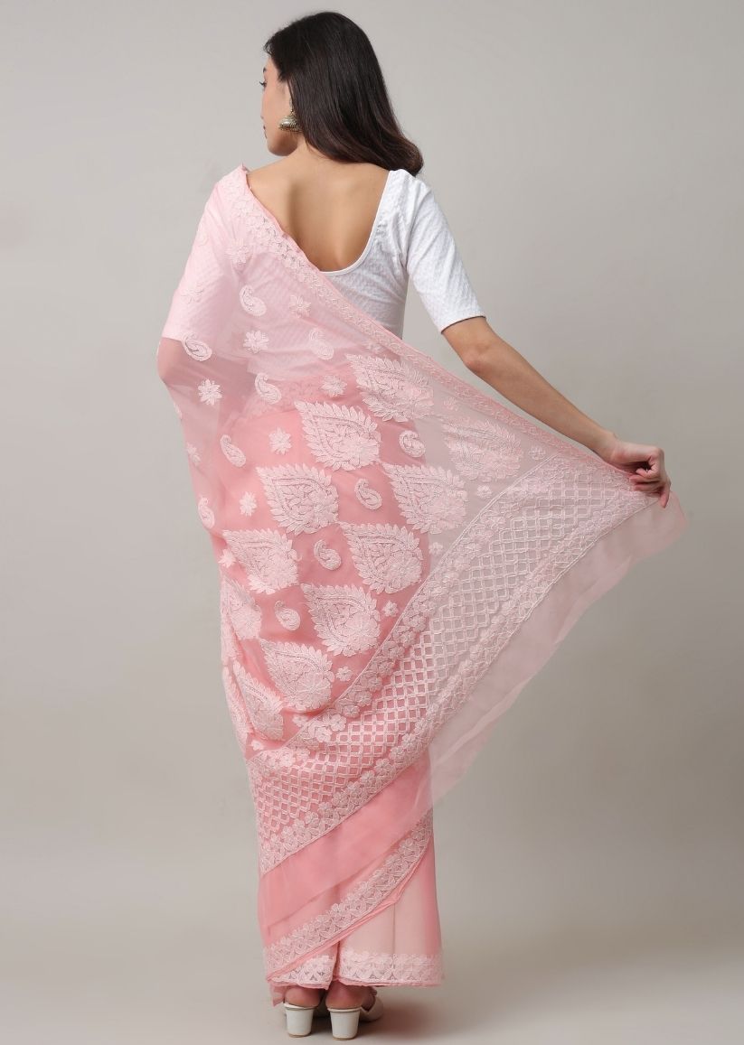 Firgun Peach Lucknowi Chikankari Georgette Saree with Unstitched Blouse Piece