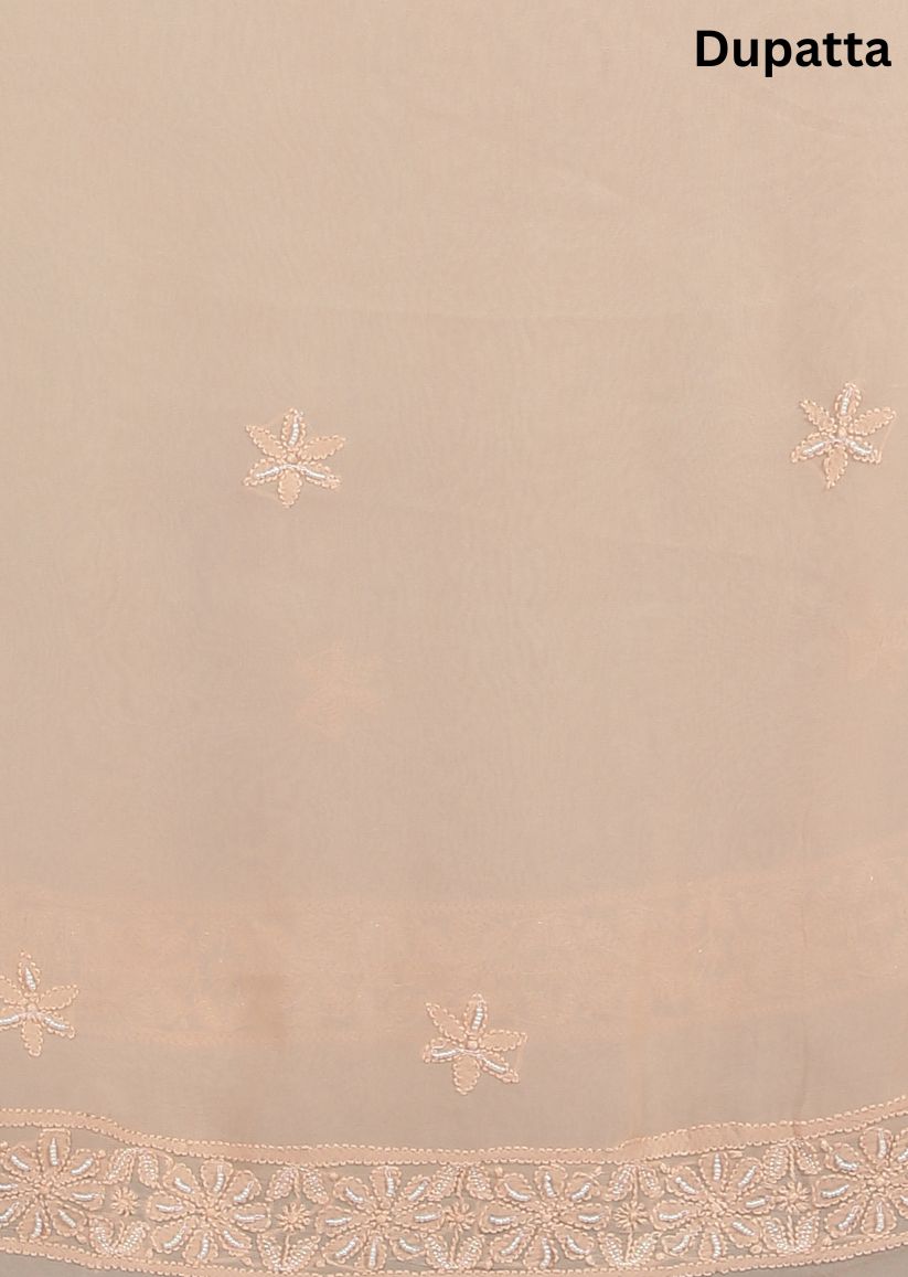Firgun Beige Lucknowi Chikankari Viscose Georgette Unstitched Kurta & Dupatta Set