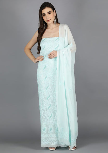 Firgun Light Sea Green Lucknowi Chikankari Viscose Georgette Unstitched Kurta & Dupatta Set