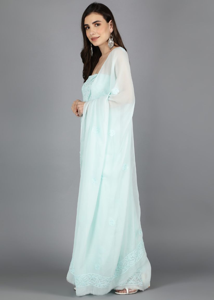 Firgun Light Sea Green Lucknowi Chikankari Viscose Georgette Unstitched Kurta & Dupatta Set
