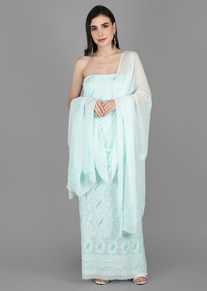 Firgun Light Sea Green Lucknowi Chikankari Viscose Georgette Unstitched Kurta & Dupatta Set