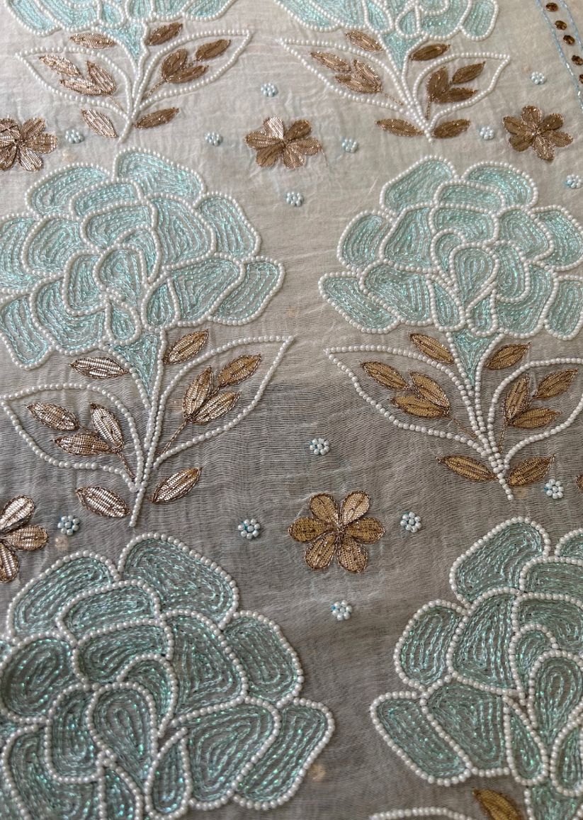 Firgun White Mul Chanderi Unstitched Kurta & Dupatta Set