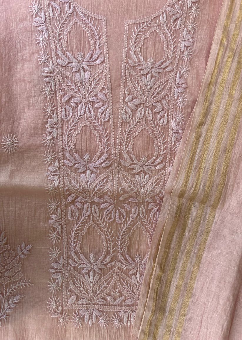 Firgun Blush Pink Lucknowi Chikankari Mul Chanderi Unstitched Kurta & Dupatta Set