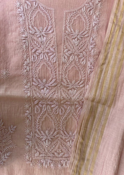 Firgun Blush Pink Lucknowi Chikankari Mul Chanderi Unstitched Kurta & Dupatta Set