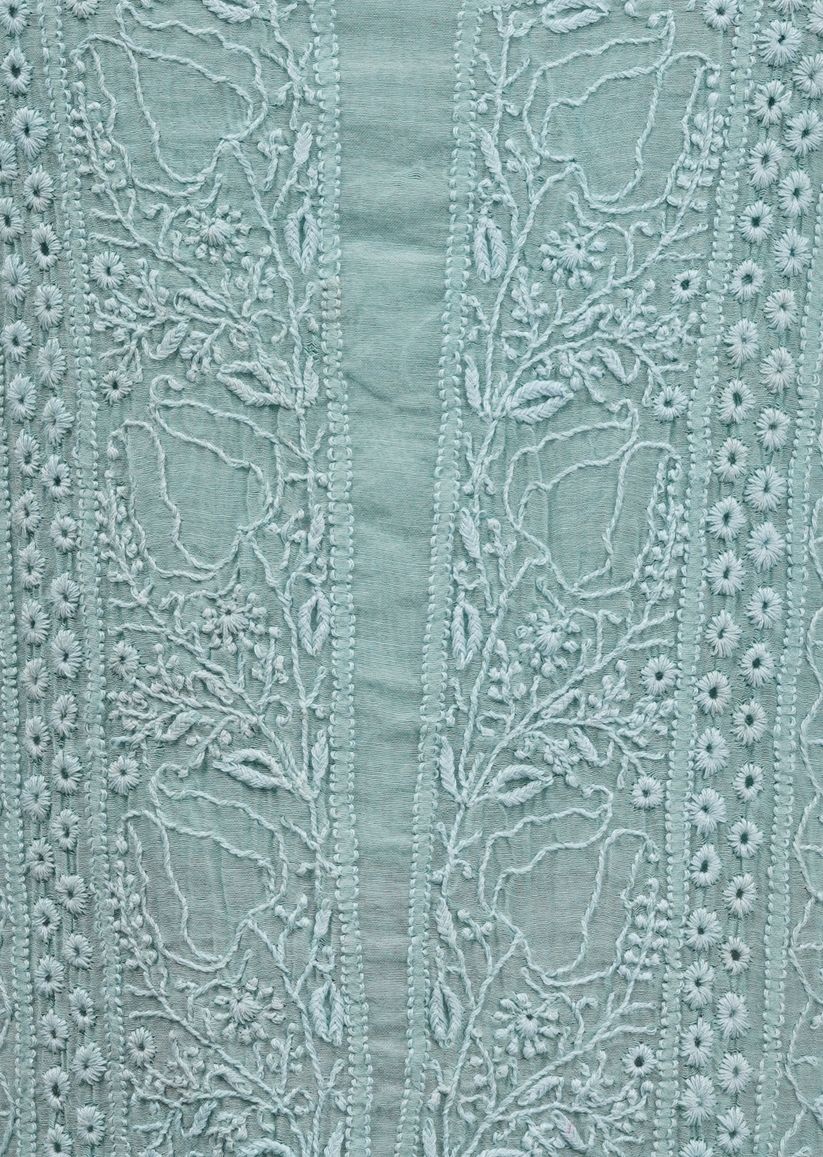Firgun Pine Green Lucknowi Chikankari Mul Chanderi Unstitched Kurta & Dupatta Set