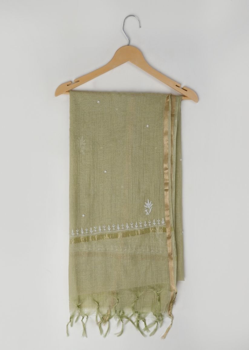 Firgun Mehendi Green Lucknowi Chikankari Mul Chanderi Unstitched Kurta & Dupatta Set