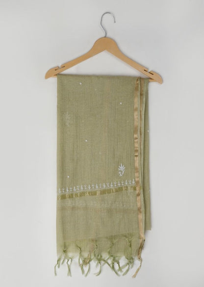 Firgun Mehendi Green Lucknowi Chikankari Mul Chanderi Unstitched Kurta & Dupatta Set