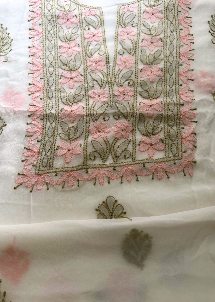Firgun White Lucknowi Chikankari Viscose Georgette Unstitched Kurta & Dupatta Set