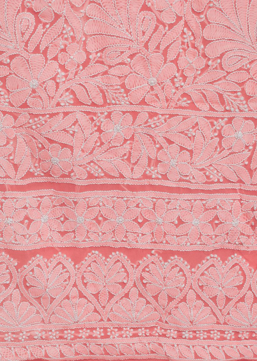 Firgun Hand Embroidered Peach Lucknowi Chikankari Georgette Unstitched Suit Set