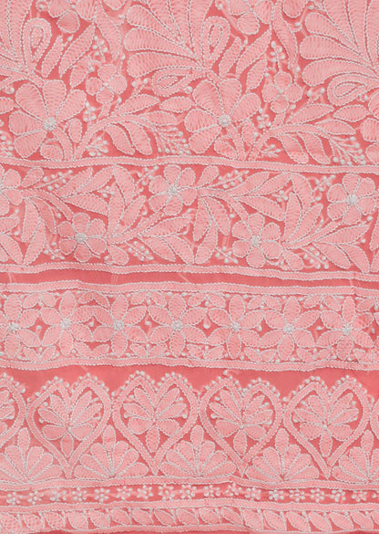 Firgun Hand Embroidered Peach Lucknowi Chikankari Georgette Unstitched Suit Set