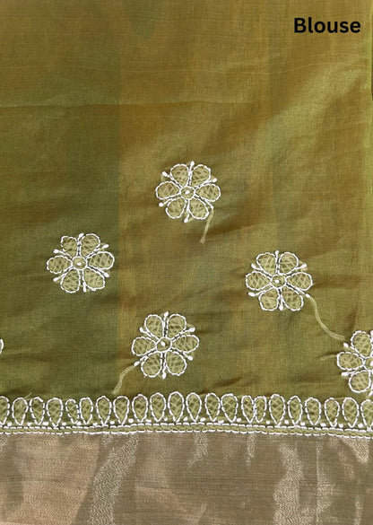 Firgun Olive Lucknowi Chikankari Chanderi Saree with Unstitched Blouse Piece