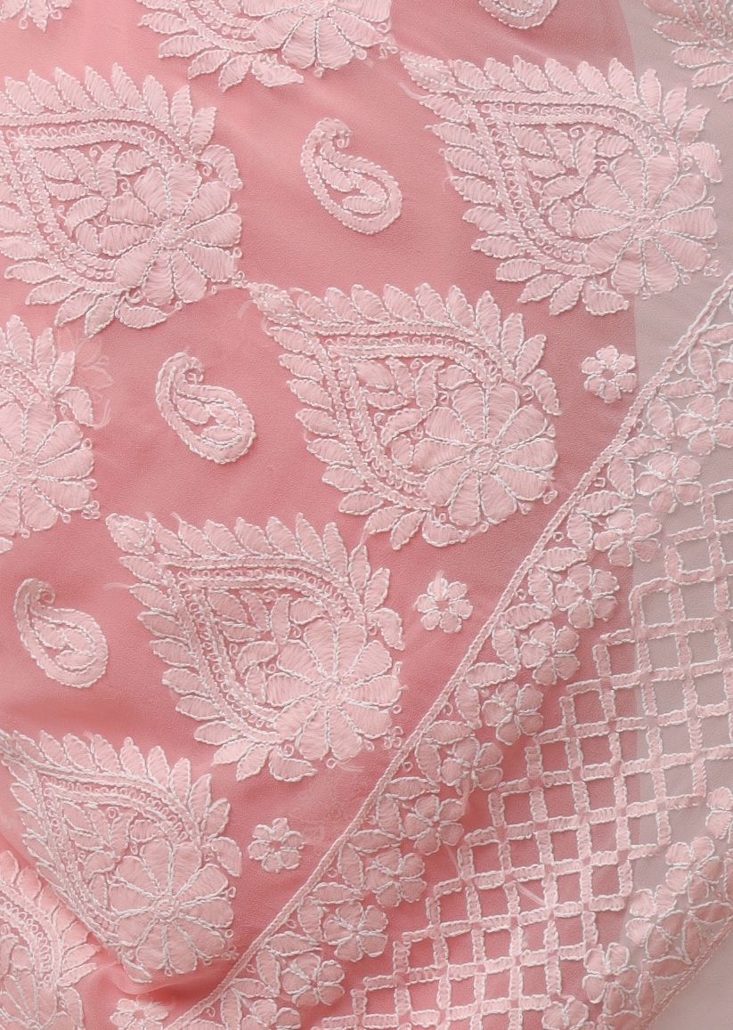 Firgun Peach Lucknowi Chikankari Georgette Saree with Unstitched Blouse Piece