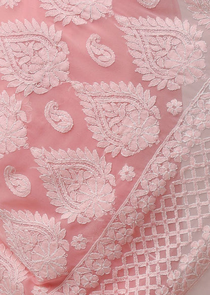 Firgun Peach Lucknowi Chikankari Georgette Saree with Unstitched Blouse Piece