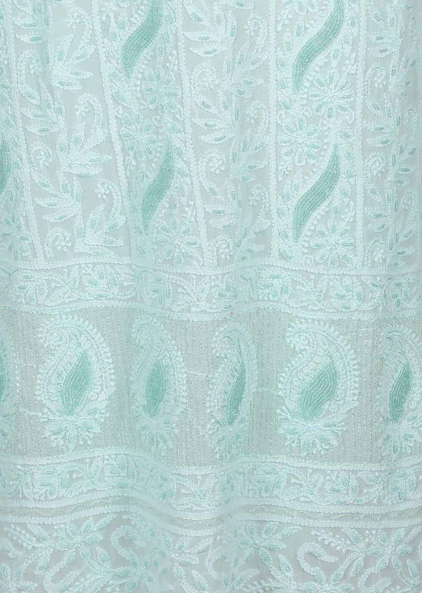 Firgun Light Sea Green Lucknowi Chikankari Viscose Georgette Unstitched Kurta & Dupatta Set
