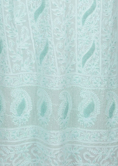 Firgun Light Sea Green Lucknowi Chikankari Viscose Georgette Unstitched Kurta & Dupatta Set
