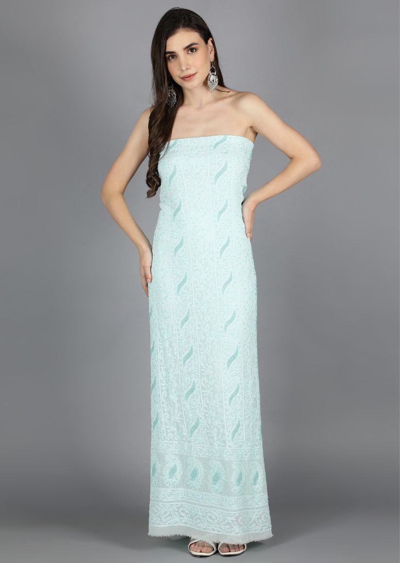 Firgun Light Sea Green Lucknowi Chikankari Viscose Georgette Unstitched Kurta & Dupatta Set