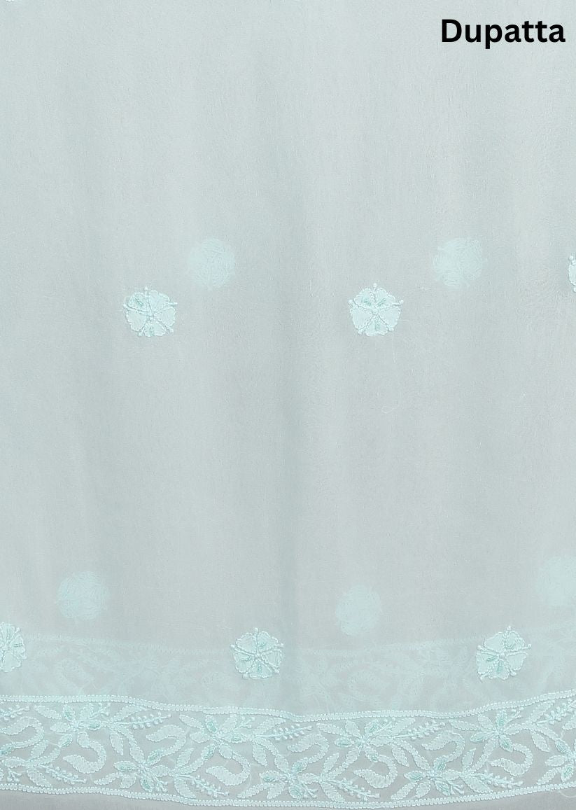 Firgun Light Sea Green Lucknowi Chikankari Viscose Georgette Unstitched Kurta & Dupatta Set