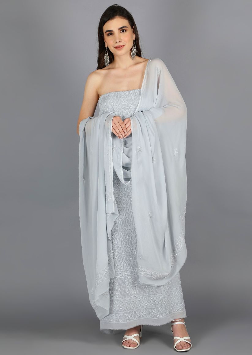 Firgun Grey Lucknowi Chikankari Viscose Georgette Unstitched Kurta & Dupatta Set