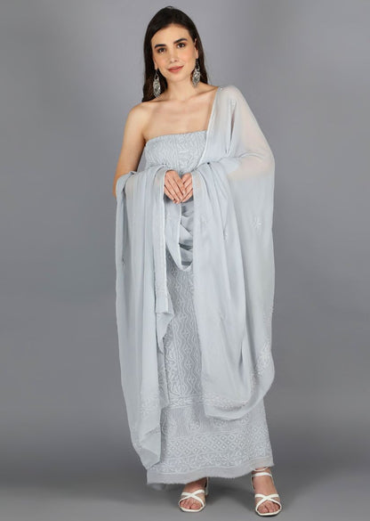 Firgun Grey Lucknowi Chikankari Viscose Georgette Unstitched Kurta & Dupatta Set