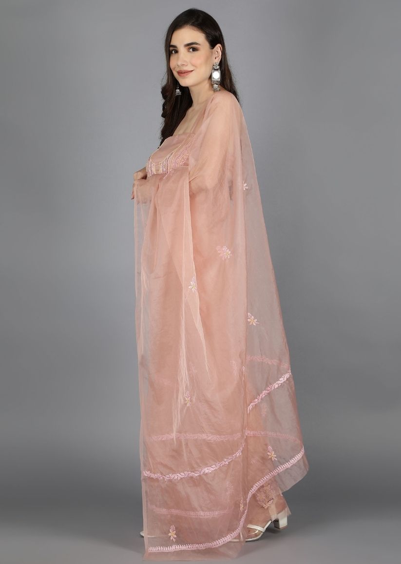 Firgun Rose gold Lucknowi Chikankari Organza Unstitched Kurta & Dupatta Set