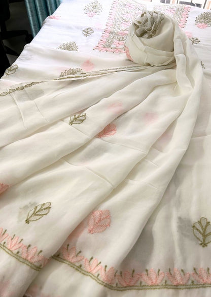 Firgun White Lucknowi Chikankari Viscose Georgette Unstitched Kurta & Dupatta Set