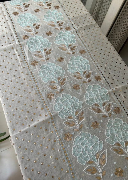 Firgun White Mul Chanderi Unstitched Kurta & Dupatta Set