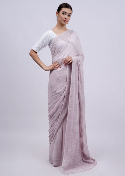 Firgun Rosy Brown Lucknowi Chikankari Viscose Georgette Saree with Unstitched Blouse Piece