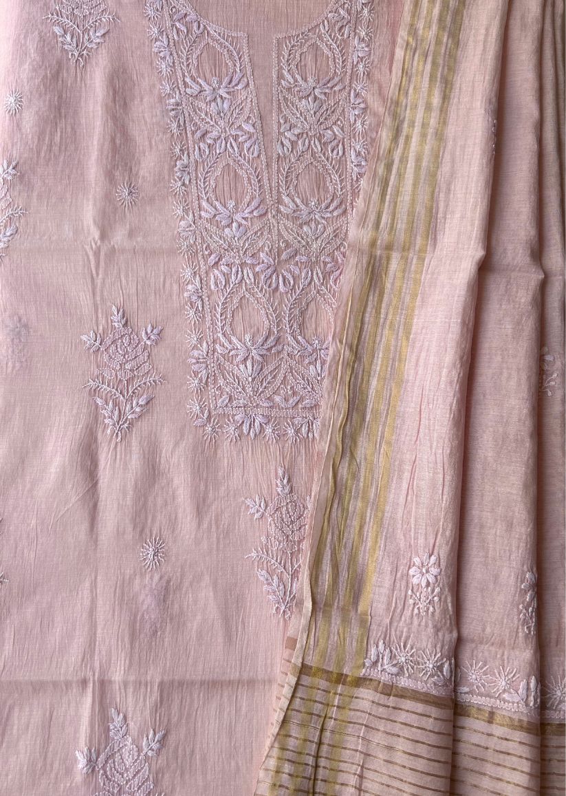 Firgun Blush Pink Lucknowi Chikankari Mul Chanderi Unstitched Kurta & Dupatta Set