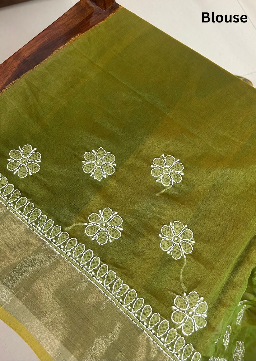 Firgun Olive Lucknowi Chikankari Chanderi Saree with Unstitched Blouse Piece