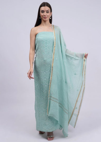 Firgun Pine Green Lucknowi Chikankari Mul Chanderi Unstitched Kurta & Dupatta Set