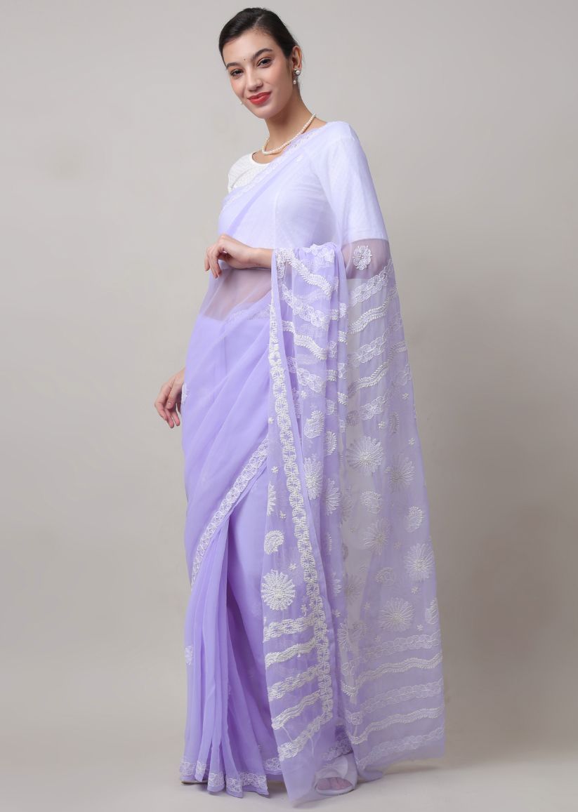 Firgun Lucknowi Chikankari Georgette Saree with Blouse Piece