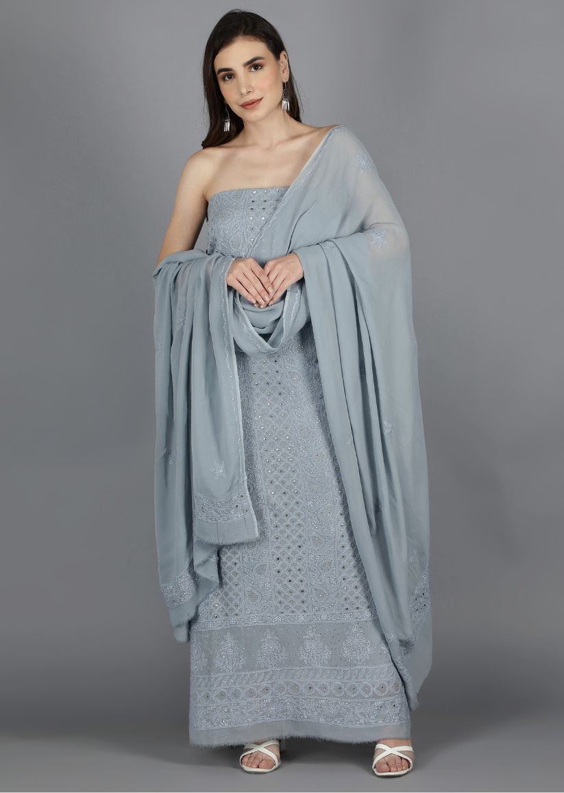 Firgun Grey Lucknowi Chikankari Viscose Georgette Unstitched Kurta & Dupatta Set-1