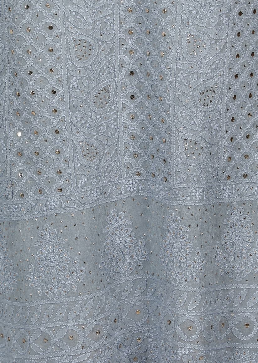 Firgun Grey Lucknowi Chikankari Viscose Georgette Unstitched Kurta & Dupatta Set-1