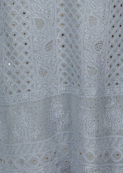 Firgun Grey Lucknowi Chikankari Viscose Georgette Unstitched Kurta & Dupatta Set-1